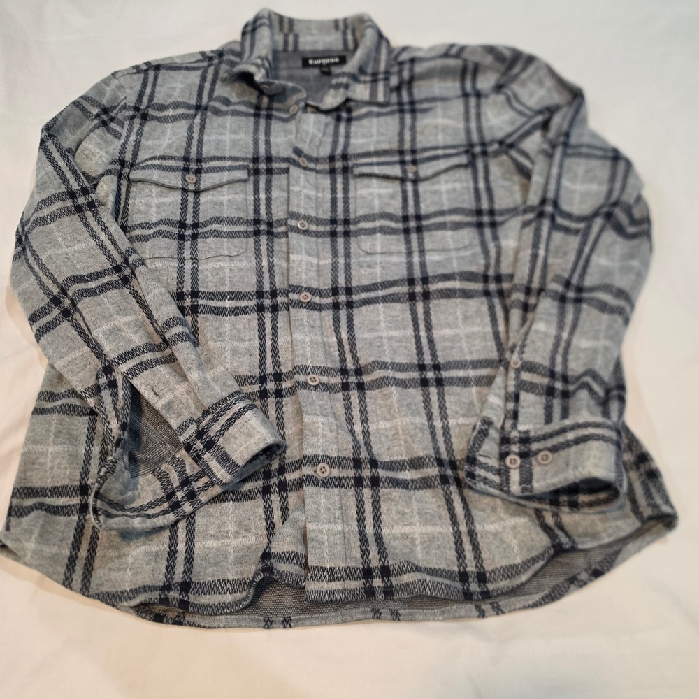 Express Plaid Flannel Button Down Mens Medium Grey Navy Excellent Long Sleeve